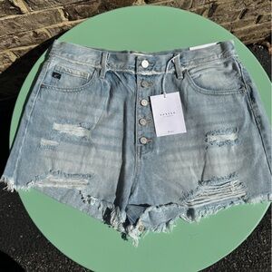 KanCan Light Blue Distressed Button-Front Jean Shorts